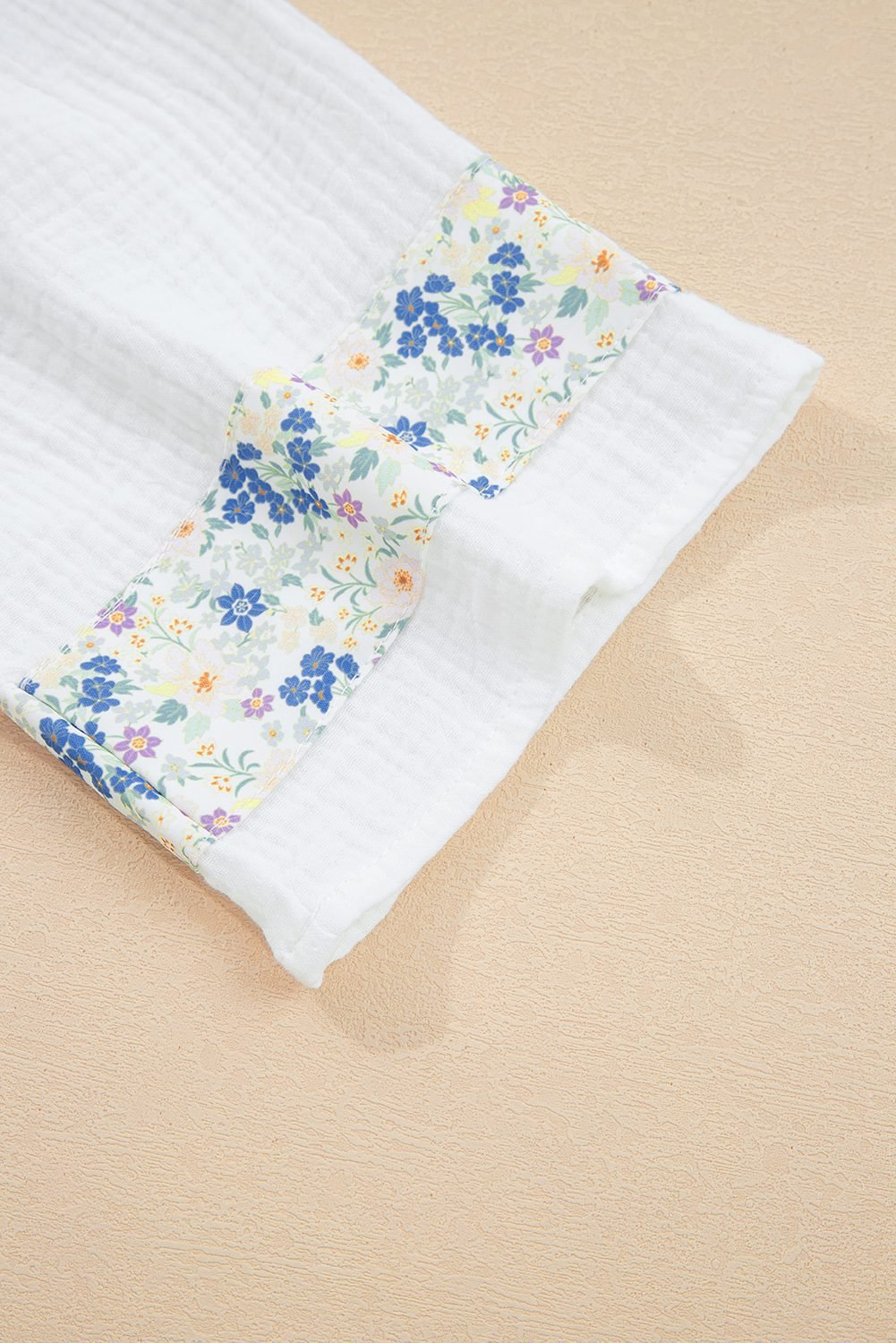 Sky Blue Floral Print Gauze Patchwork Henley Button 3/4 Sleeve Blouse