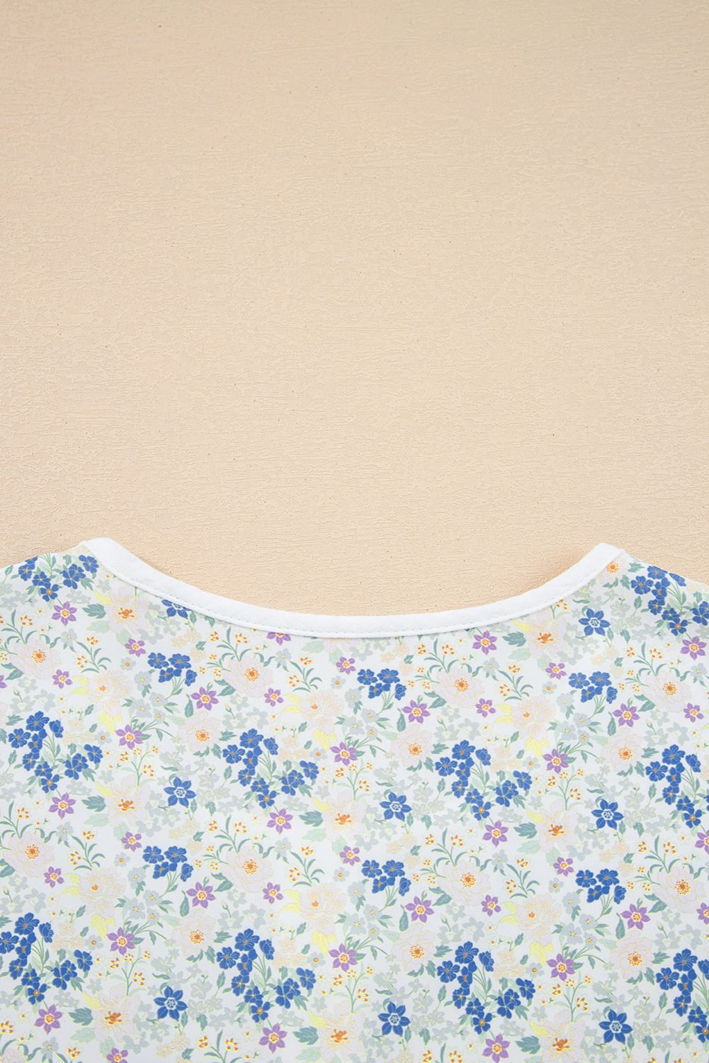 Sky Blue Floral Print Gauze Patchwork Henley Button 3/4 Sleeve Blouse