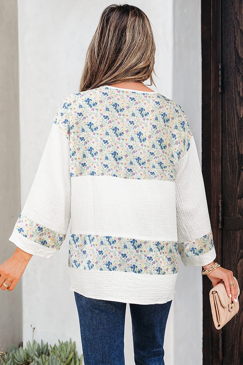 Sky Blue Floral Print Gauze Patchwork Henley Button 3/4 Sleeve Blouse