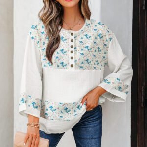 Sky Blue Floral Print Gauze Patchwork Henley Button 3/4 Sleeve Blouse