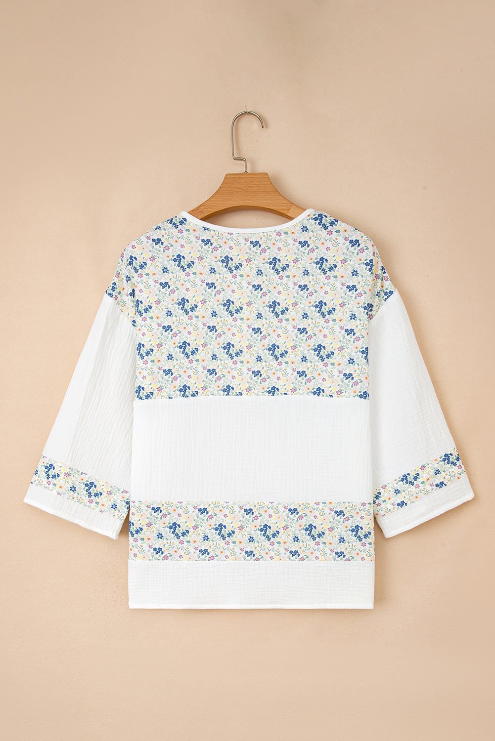 Sky Blue Floral Print Gauze Patchwork Henley Button 3/4 Sleeve Blouse