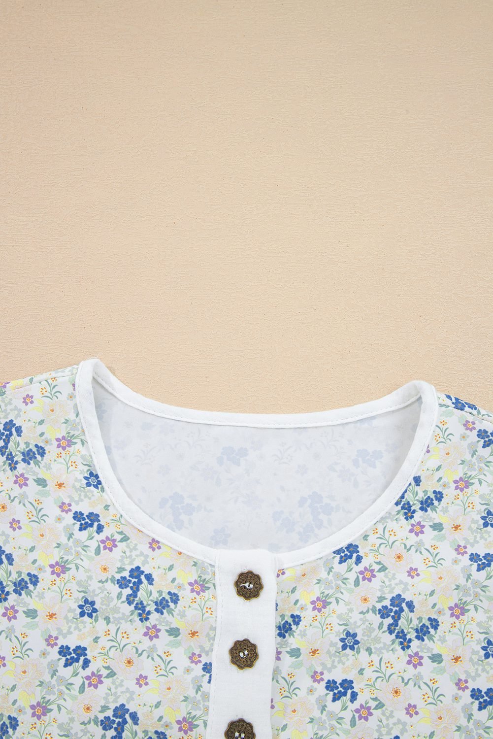 Sky Blue Floral Print Gauze Patchwork Henley Button 3/4 Sleeve Blouse