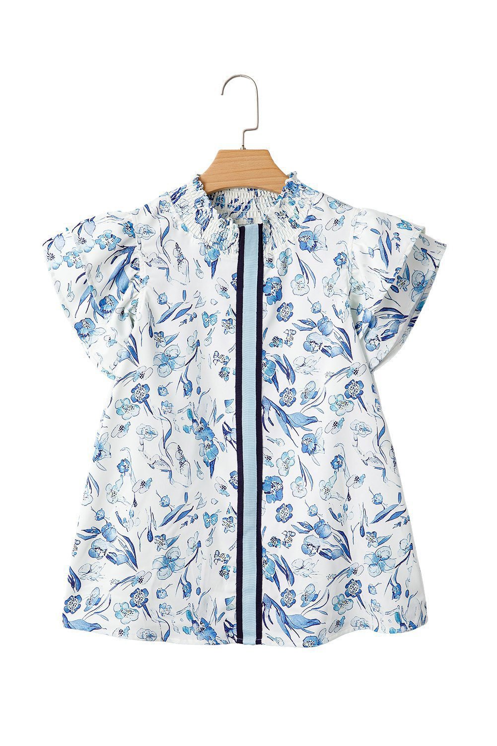 Sky Blue Floral Print Ruffled Short Sleeve Blouse