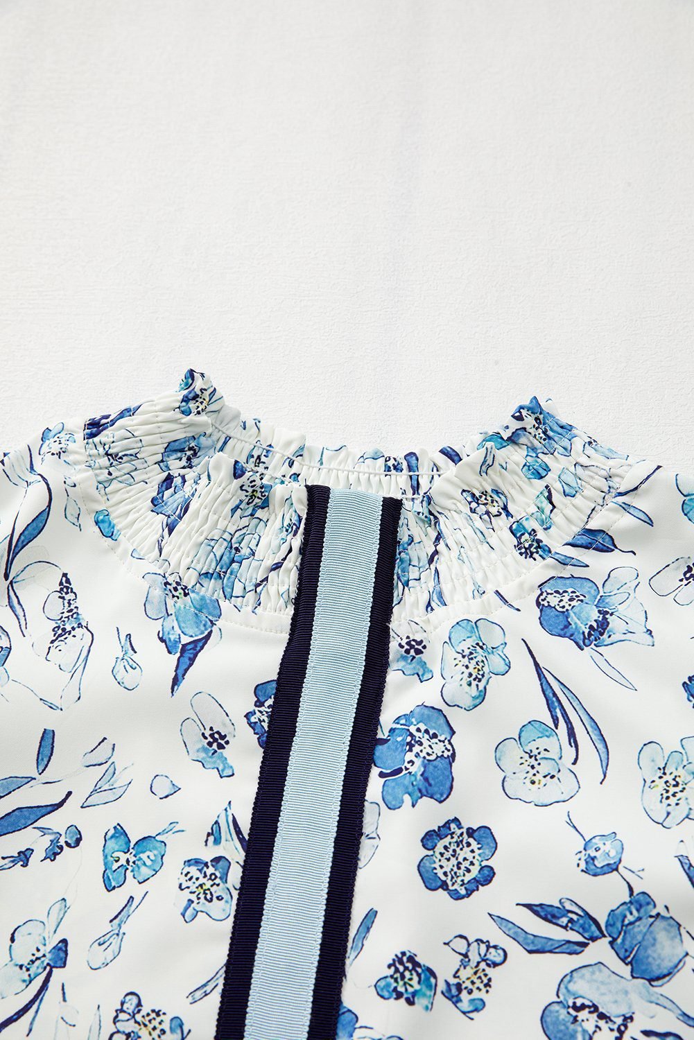 Sky Blue Floral Print Ruffled Short Sleeve Blouse