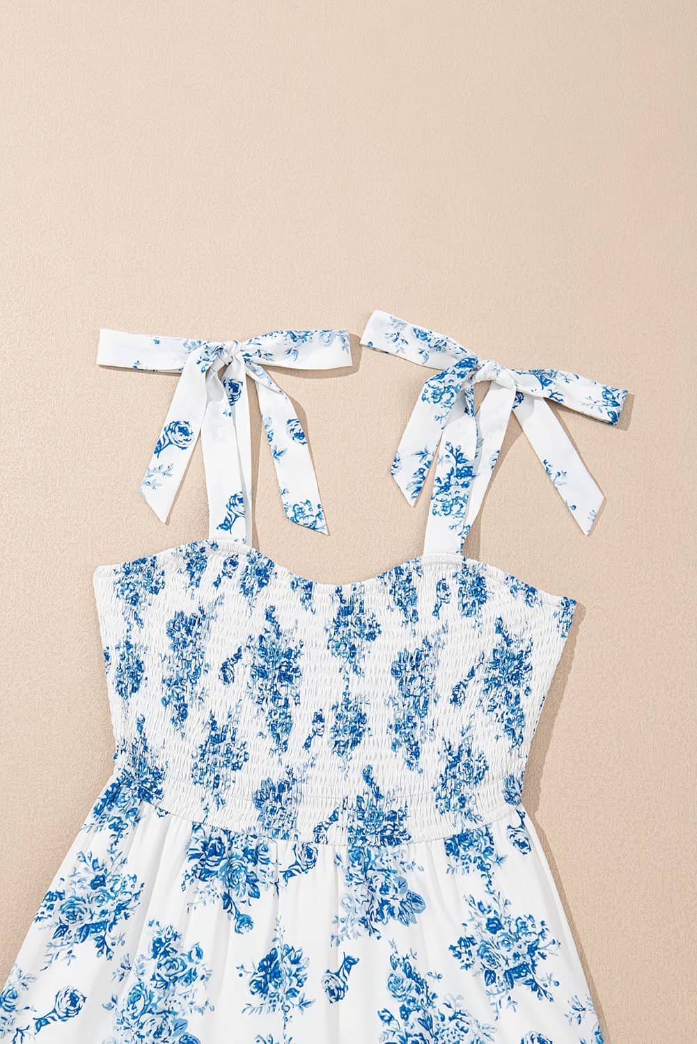 Sky Blue Floral Print Shirred Knot Shoulder Sleeveless Long Dress
