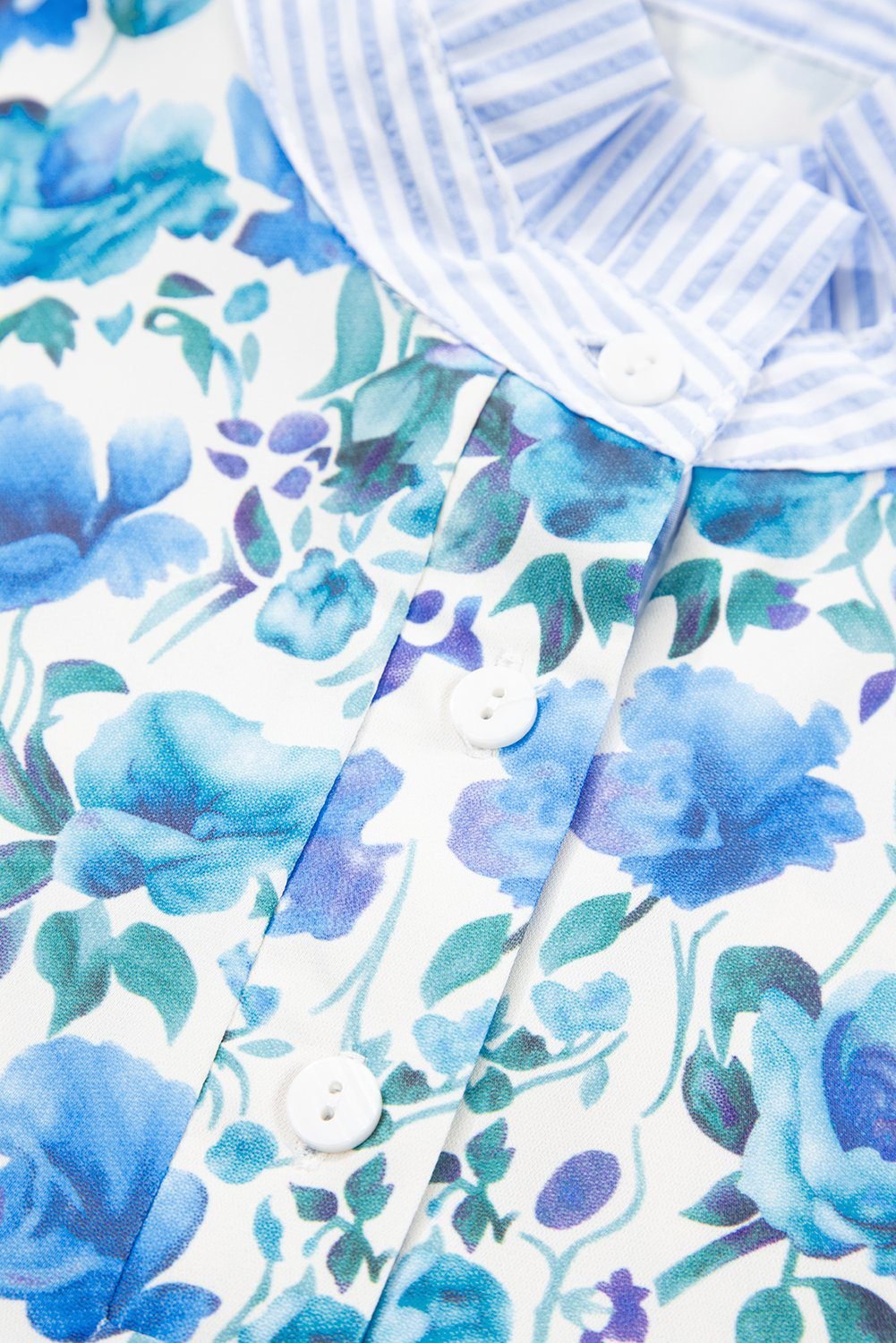 Sky Blue Floral Print Striped Patchwork Collared Short Sleeve Blouse