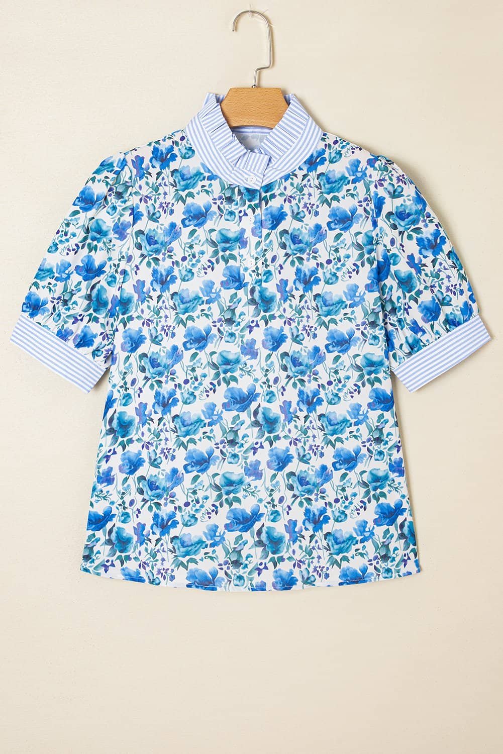 Sky Blue Floral Print Striped Patchwork Collared Short Sleeve Blouse