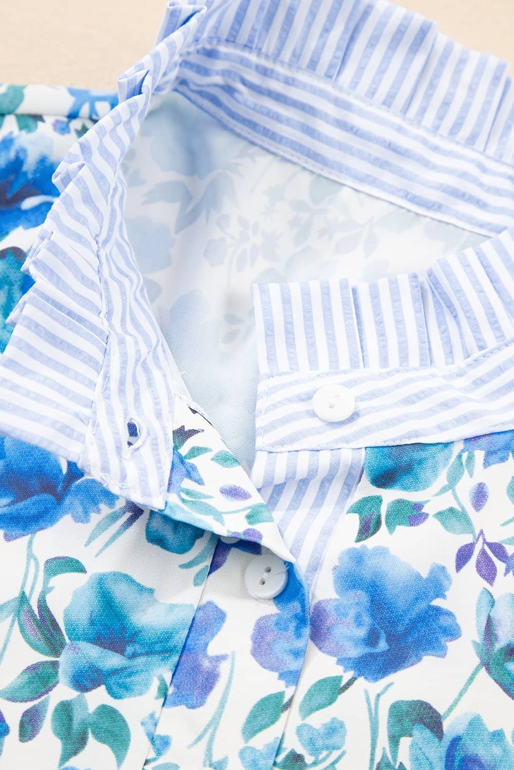 Sky Blue Floral Print Striped Patchwork Collared Short Sleeve Blouse