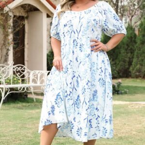 Sky Blue Floral Print Sweetheart Neck Plus Size Midi Dress