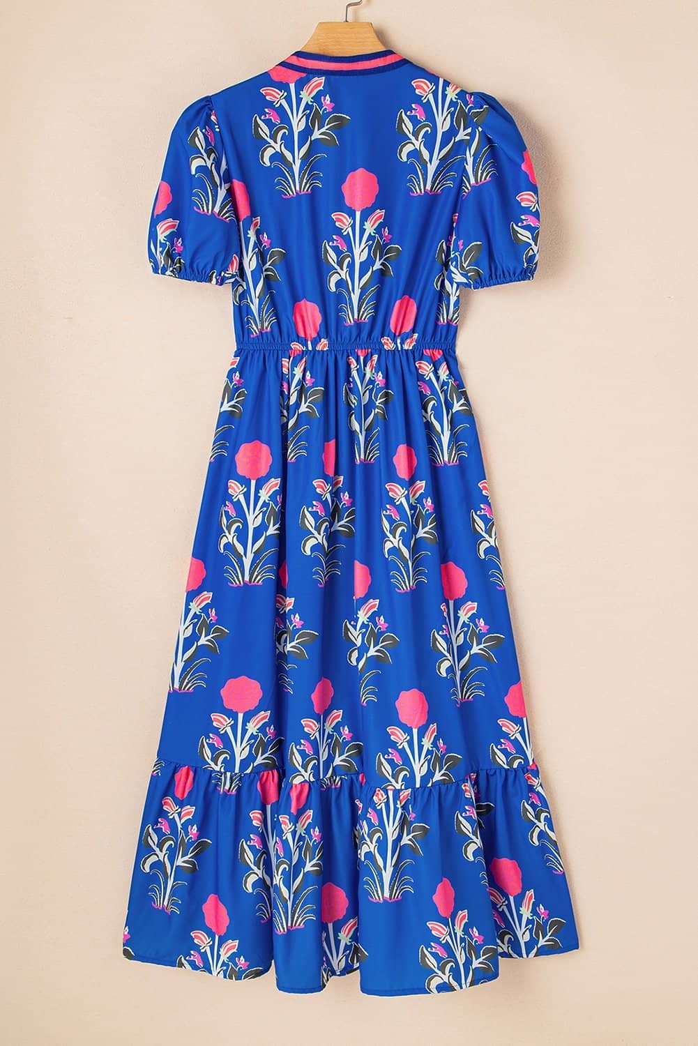 Sky Blue Floral Puff Short Sleeve V Neck High Waist Maxi Dress