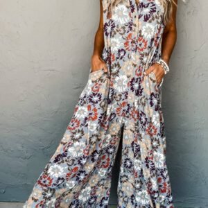 Sky Blue Floral Sleeveless Buttoned Pocketed Wide Leg Jumpsuit