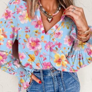 Sky Blue Floral Smocked Cuff Flounce Sleeve V Neck Blouse