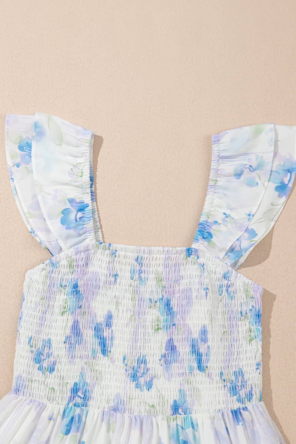 Sky Blue Floral Smocked High Waist Double Ruffle Sleeveless Long Dress