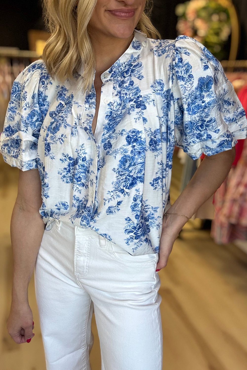Sky Blue Floral Tiered Puff Short Sleeve Pleated Bust Buttoned Casual Shirt