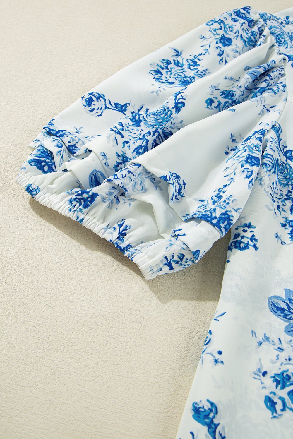 Sky Blue Floral Tiered Puff Short Sleeve Pleated Bust Buttoned Casual Shirt