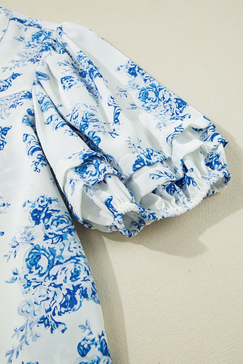 Sky Blue Floral Tiered Puff Short Sleeve Pleated Bust Buttoned Casual Shirt