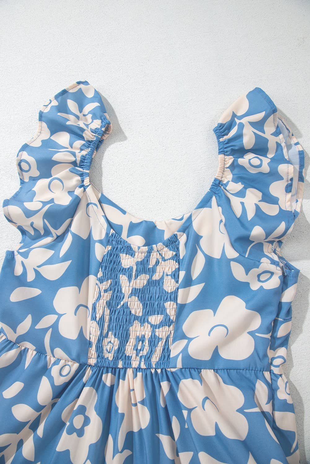 Sky Blue Floral U Neck Flutter Shoulder Tiered Flowy Midi Dress
