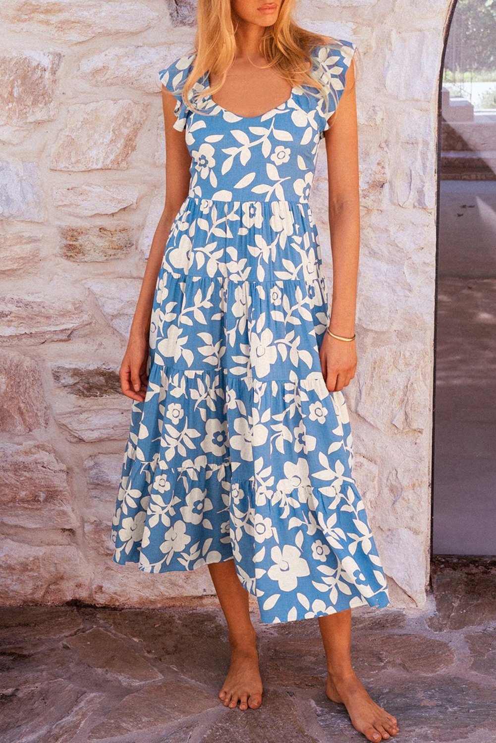 Sky Blue Floral U Neck Flutter Shoulder Tiered Flowy Midi Dress