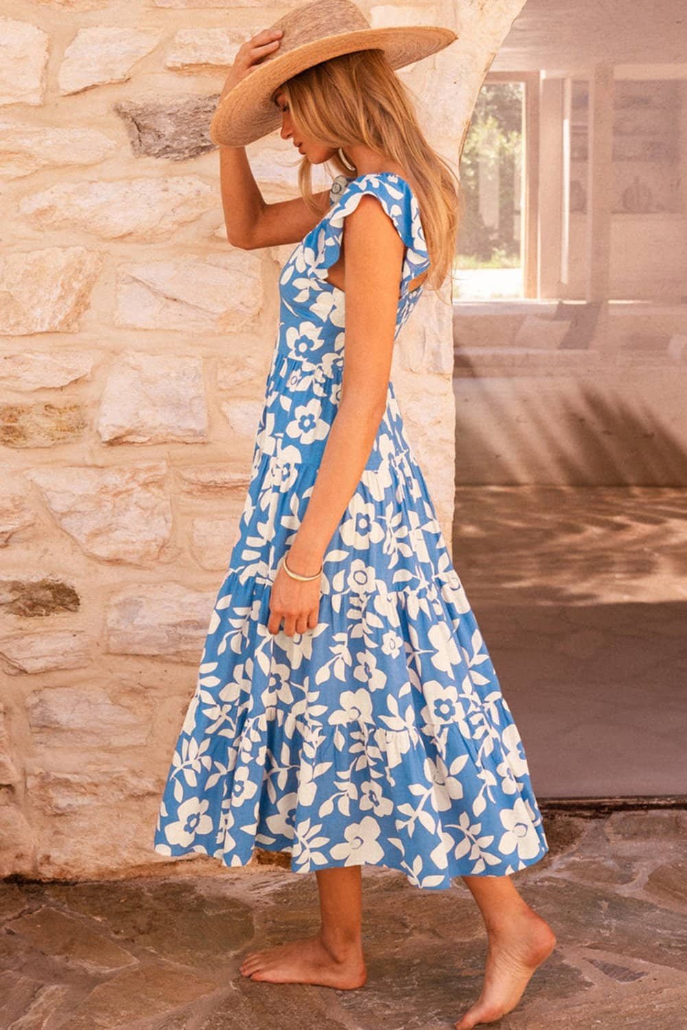 Sky Blue Floral U Neck Flutter Shoulder Tiered Flowy Midi Dress
