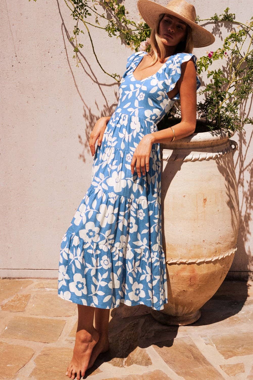 Sky Blue Floral U Neck Flutter Shoulder Tiered Flowy Midi Dress