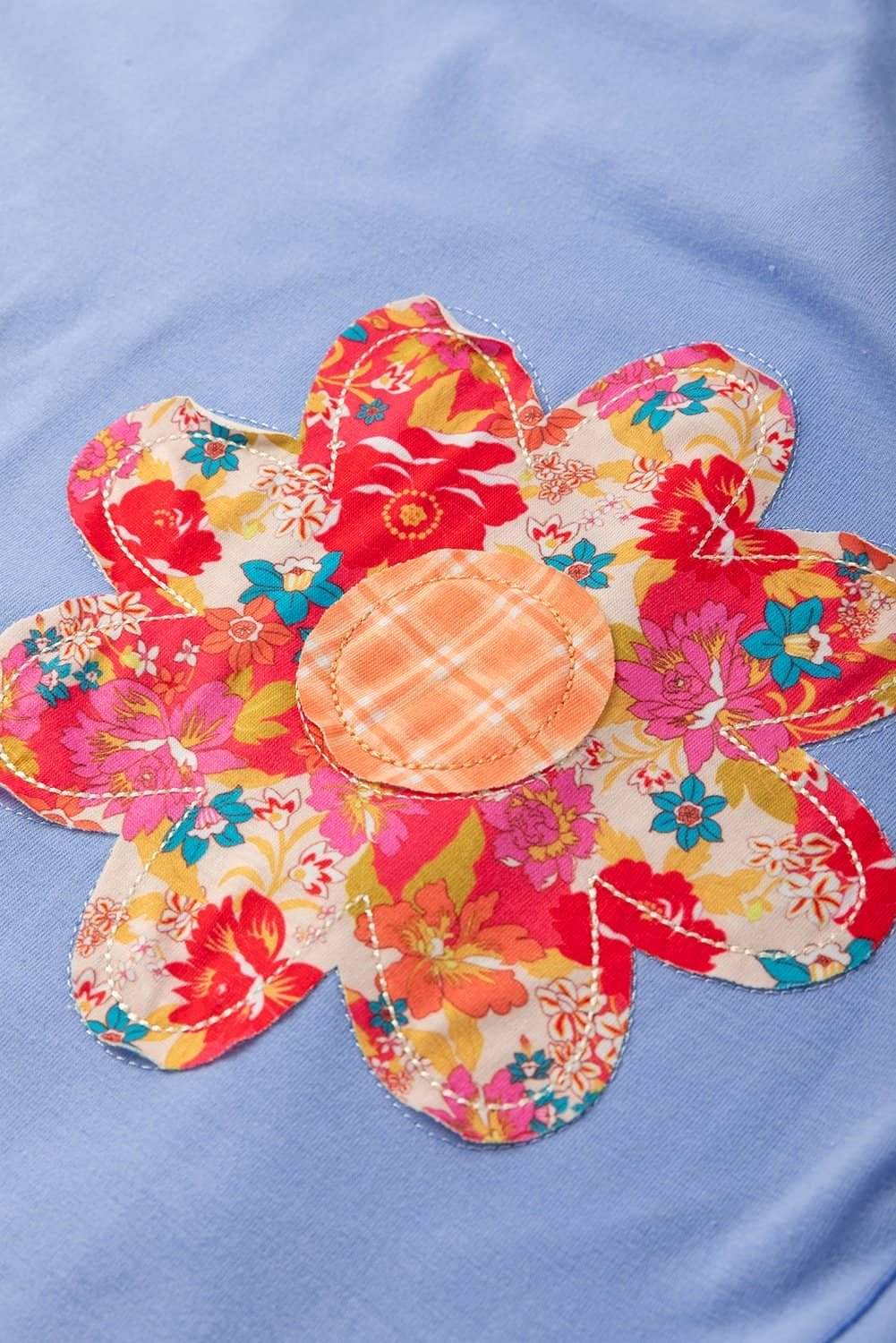 Sky Blue Flower Patched Exposed Stitching Trim Crew Neck Loose Tee