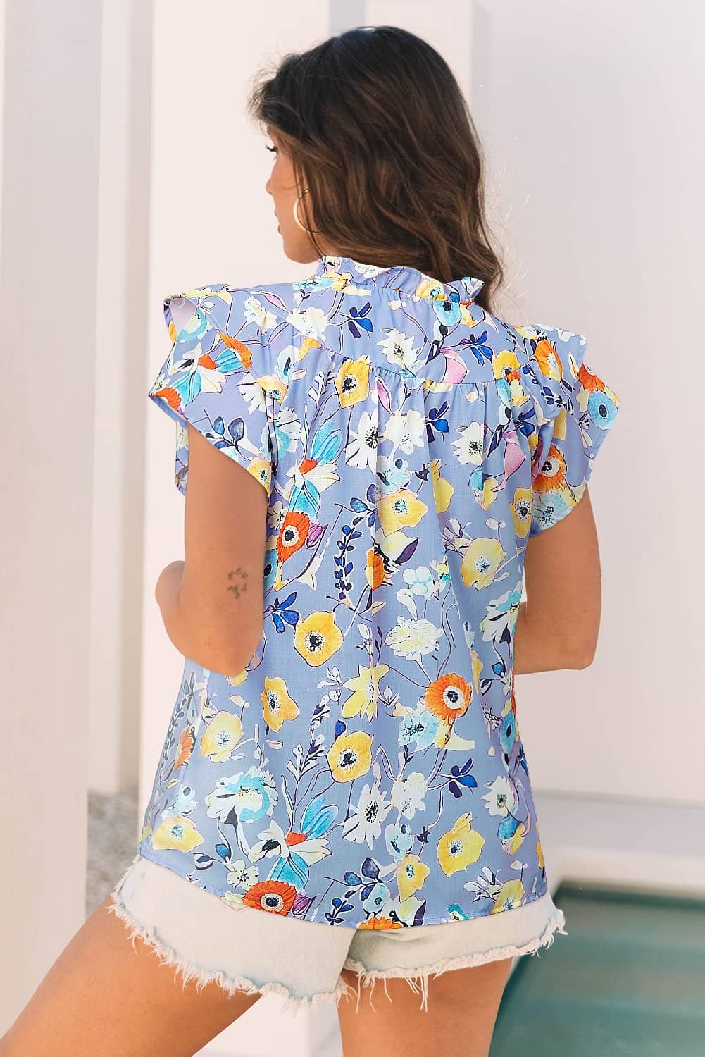 Sky Blue Flutter Sleeve V Neck Floral Top