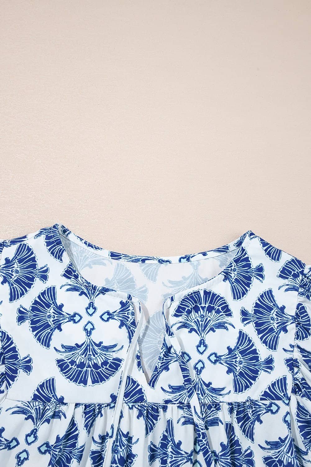 Sky Blue Geometric Print Tassel Drawstring V Neck Blouse