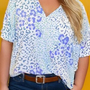 Sky Blue Leopard Print Short Sleeve V Neck Plus Size Top