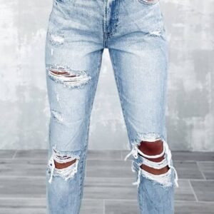 Sky Blue Light Wash Frayed Slim Fit High Waist Jeans