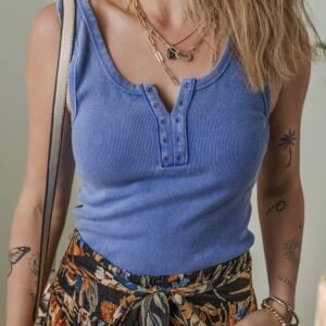 Sky Blue Mineral Wash Ribbed Notch Neck Tank Top