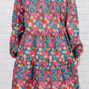 Sky Blue Plus Size Floral Print Shirred Ruffle Tiered Mini Dress