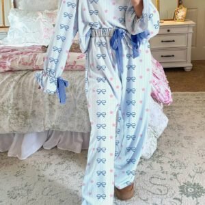 Sky Blue Stripe Bow Star Print Tied Detail 2Pcs Lounge Set