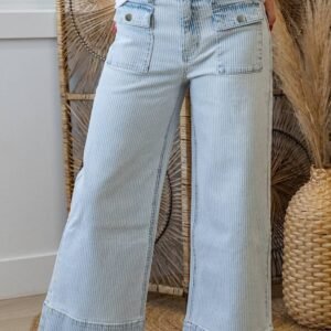 Sky Blue Stripe Button Flap Pocket Cuffed Hem Wide Leg Jeans
