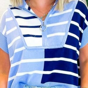 Sky Blue Stripe Colorblock Quarter Zip Collar Sweater Vest