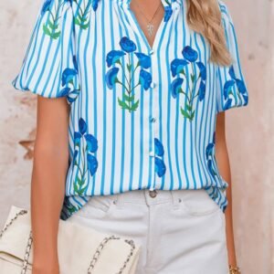 Sky Blue Stripe Floral Buttoned Frilly Notched Neck Puff Sleeve Summer Blouse