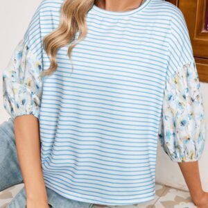 Sky Blue Stripe Floral Three Quarter Sleeves Patchwork Drop Shoulder Top