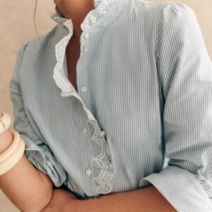 Sky Blue Stripe Frilled Trim Button Up Long Sleeve Shirt