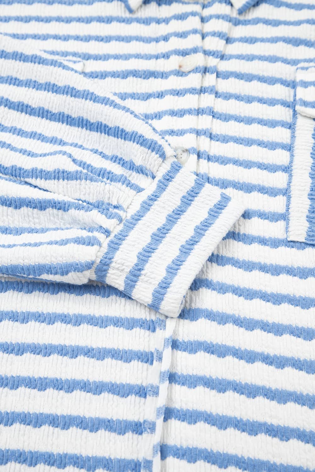 Sky Blue Stripe Half Button Collared Chest Pockets Loose Fit Blouse