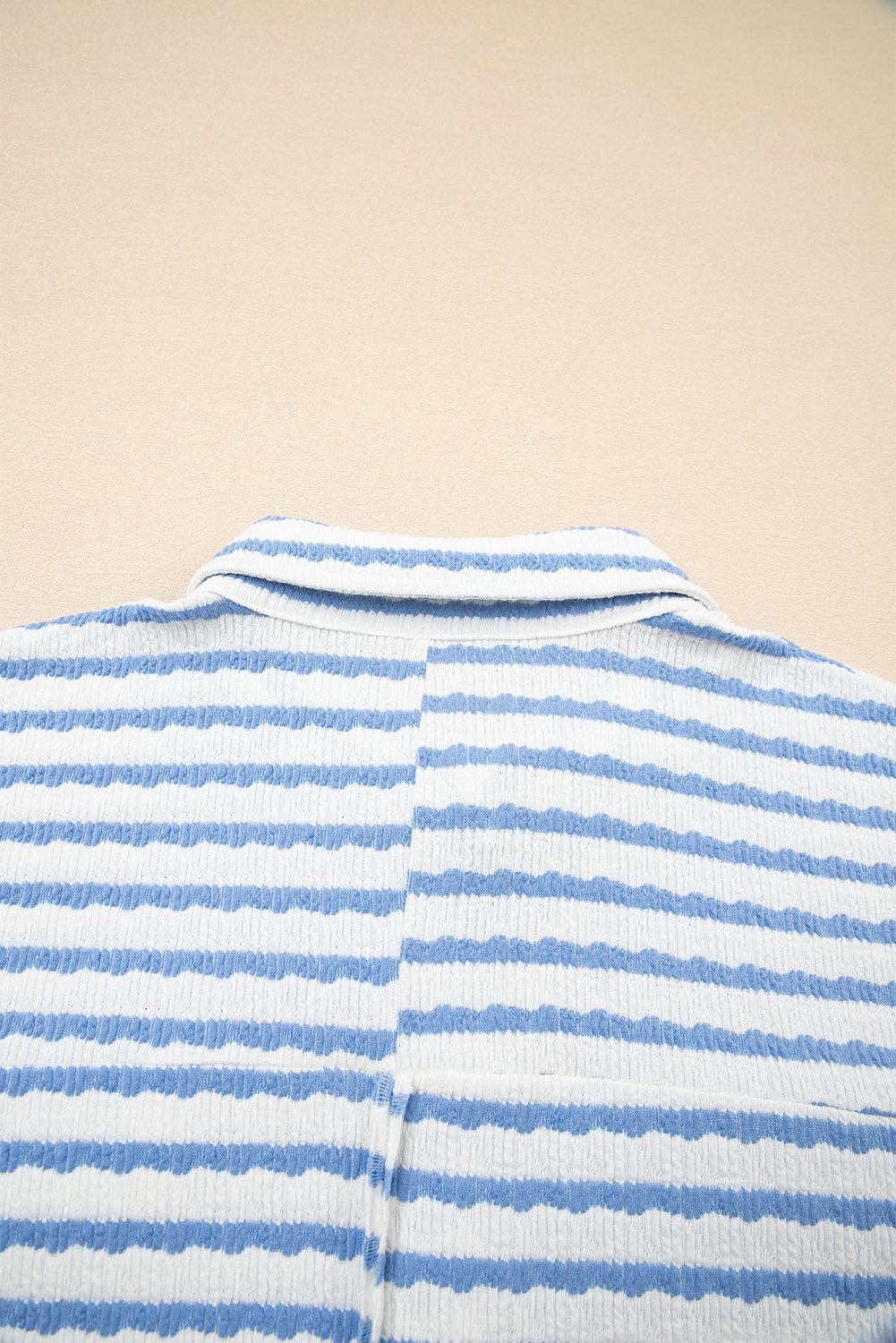 Sky Blue Stripe Half Button Collared Chest Pockets Loose Fit Blouse