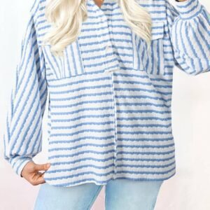 Sky Blue Stripe Half Button Collared Chest Pockets Loose Fit Blouse
