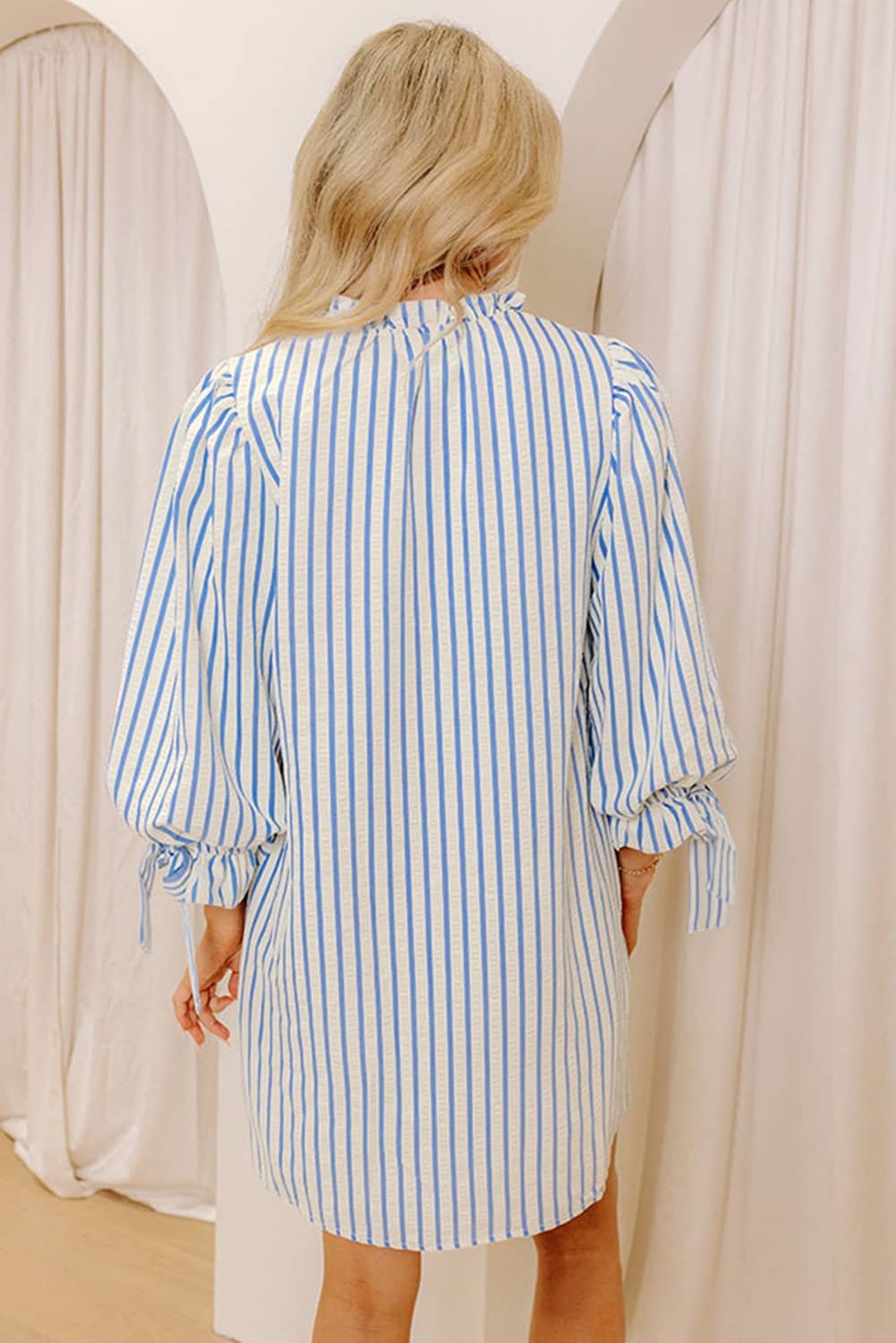 Sky Blue Stripe Knotted Bracelet Sleeve Notched Neck Shift Mini Dress