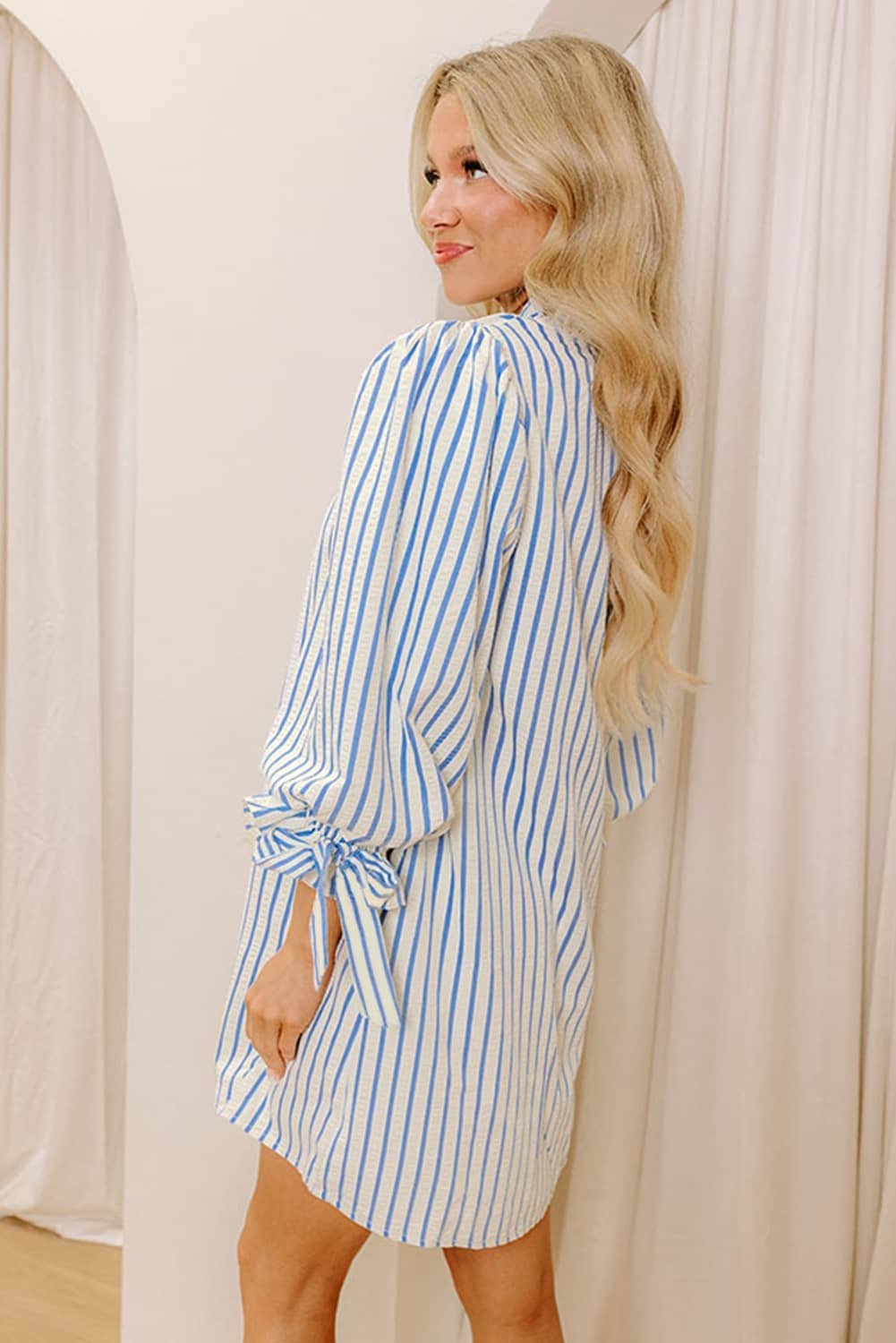 Sky Blue Stripe Knotted Bracelet Sleeve Notched Neck Shift Mini Dress