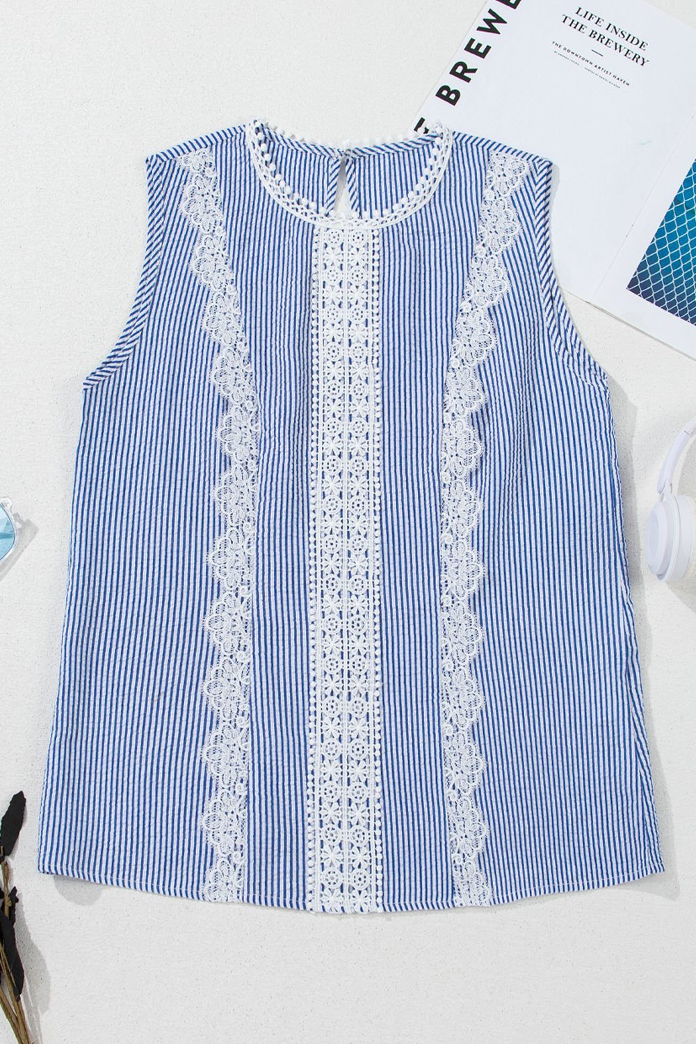 Sky Blue Stripe Lace Patchwork Crew Neck Tank Top