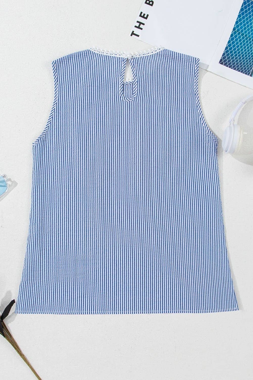 Sky Blue Stripe Lace Patchwork Crew Neck Tank Top