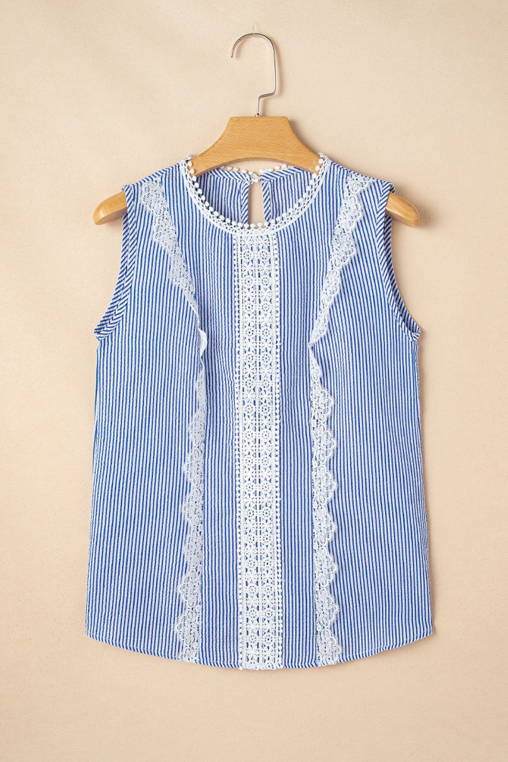 Sky Blue Stripe Lace Patchwork Crew Neck Tank Top