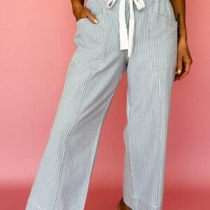 Sky Blue Stripe Mid Rise Drawstring Waist Jeans
