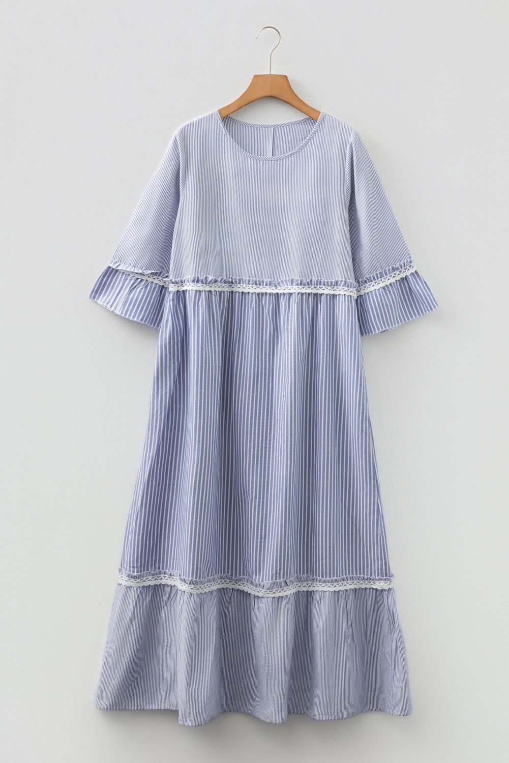 Sky Blue Stripe Patchwork Crossed Lace Detail Bracelet Sleeve Maxi Dress
