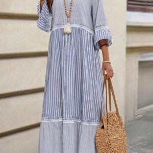 Sky Blue Stripe Patchwork Crossed Lace Detail Bracelet Sleeve Maxi Dress