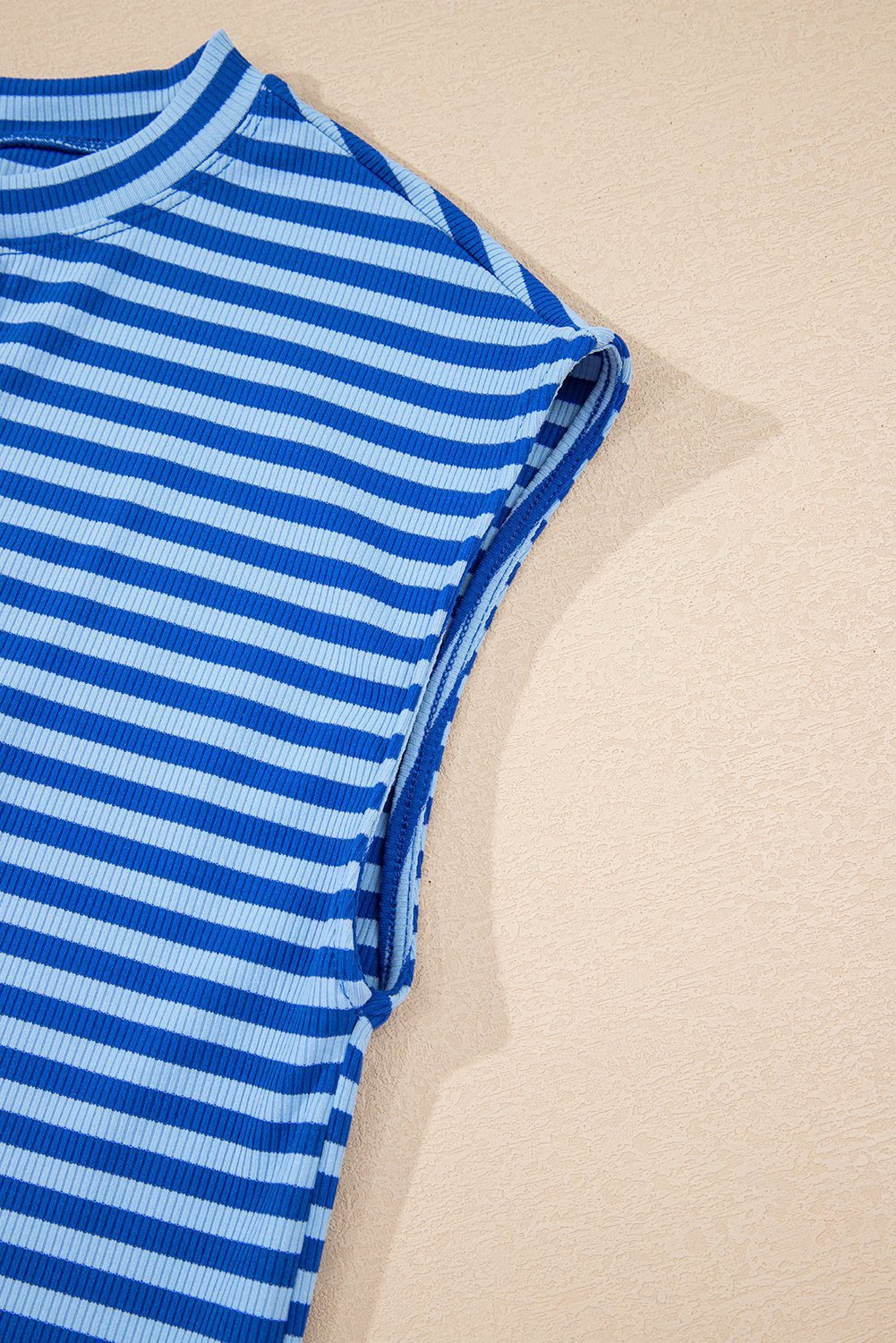 Sky Blue Stripe Ribbed Cap Sleeve Round Neck T Shirt