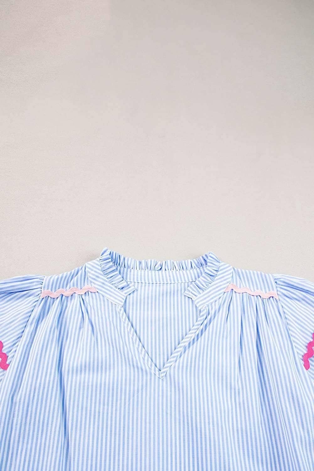 Sky Blue Stripe Ricrac Trim Split Neck Striped Ruffled Sleeve Blouse